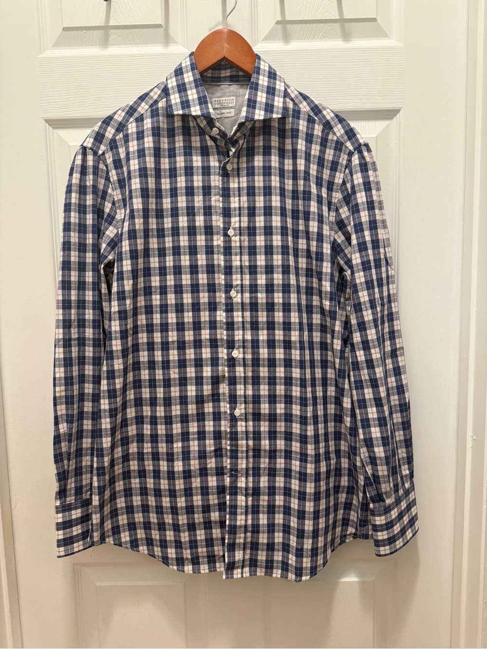 Brunello Cucinelli Large Basic Fit Navy White Checked Cotton Button-Down Shirt